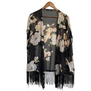 Lucky Leaves Womens Black Floral Fringe Hem Open Front Kimono Size Large